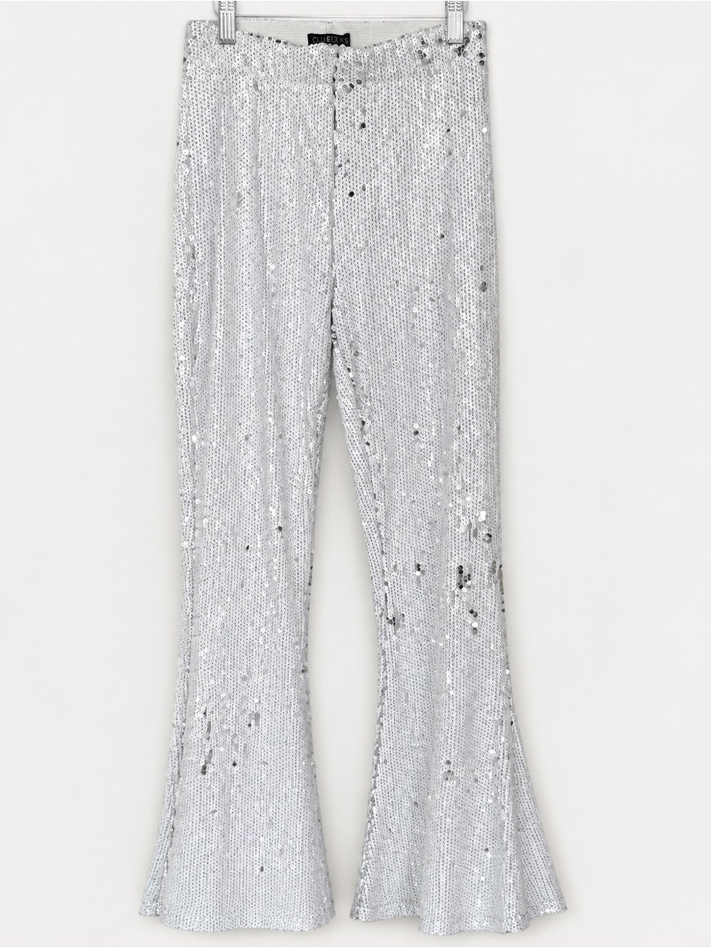 (NWOT) CLUB EXX White & Silver Sequin Flare Pants - High-Waist Bell Bottoms - Picture 2 of 3